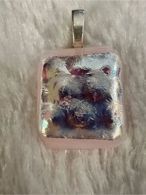 Dichroic Glass Pendant Necklace in Pink with Iridescent Silver.